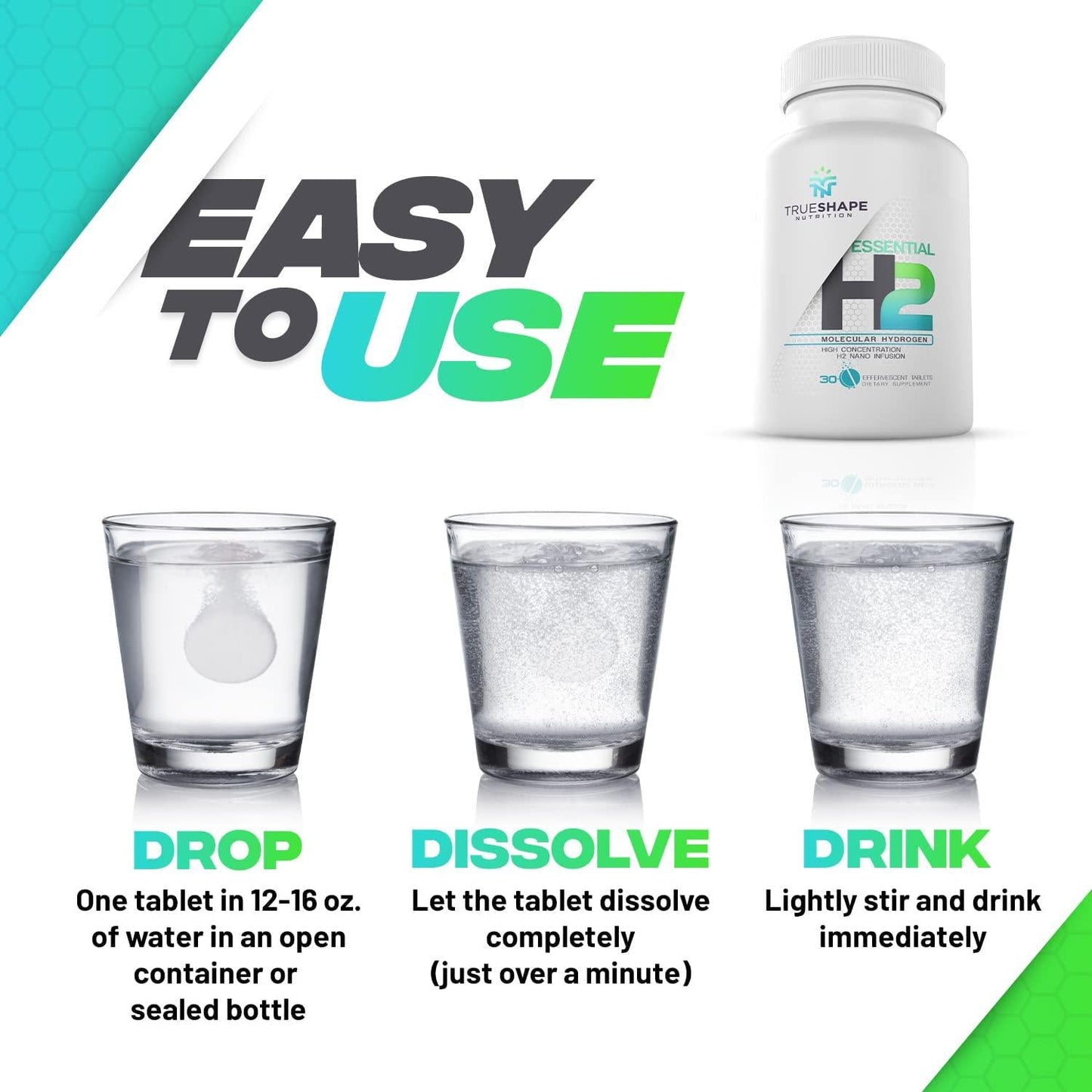 TrueShape Nutrition Essential H2 Fizzy Molecular Hydrogen Tablets for Water Nutritional Supplement (30 Servings)