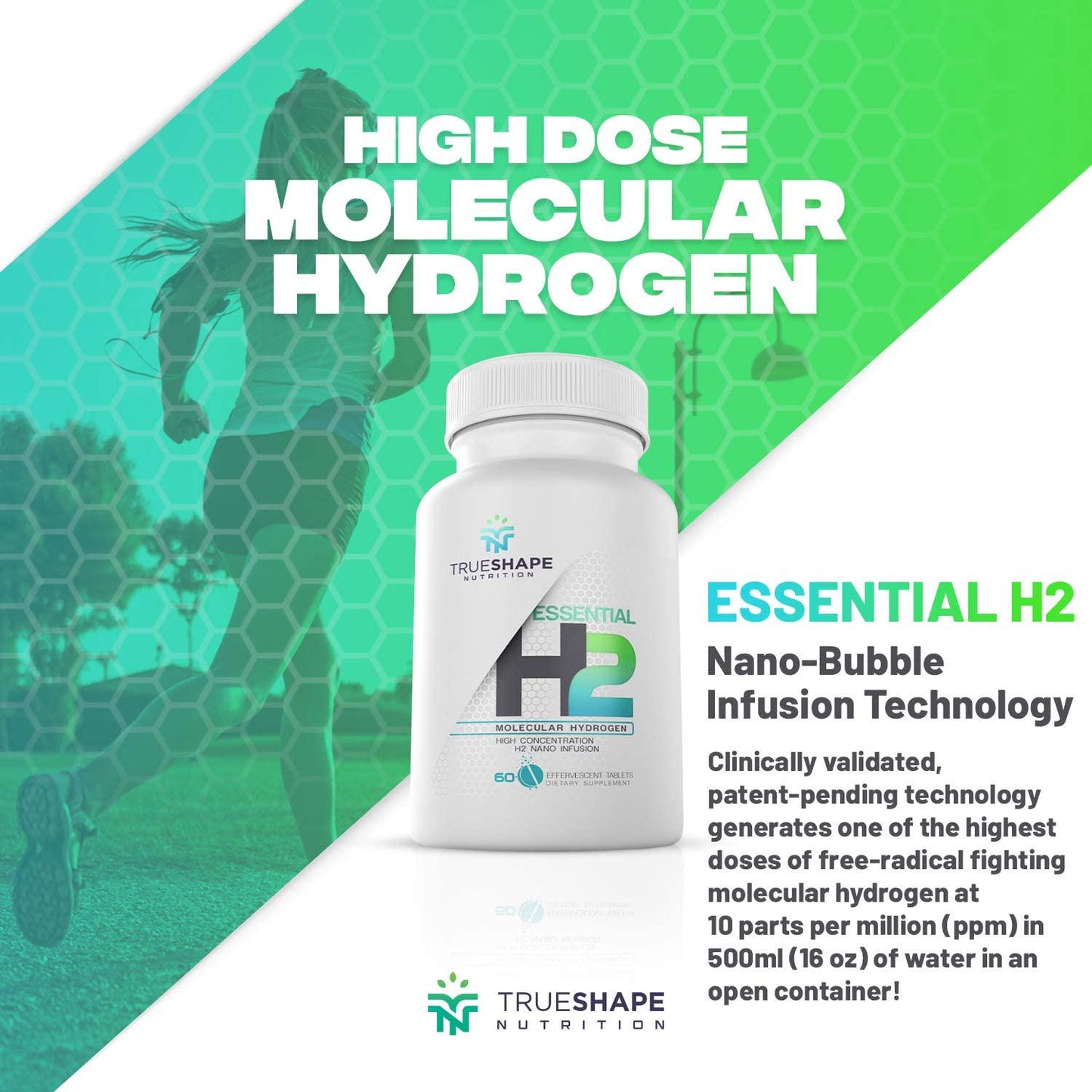 TrueShape Nutrition Essential H2 Fizzy Molecular Hydrogen Tablets for Water Nutritional Supplement (60 Servings)