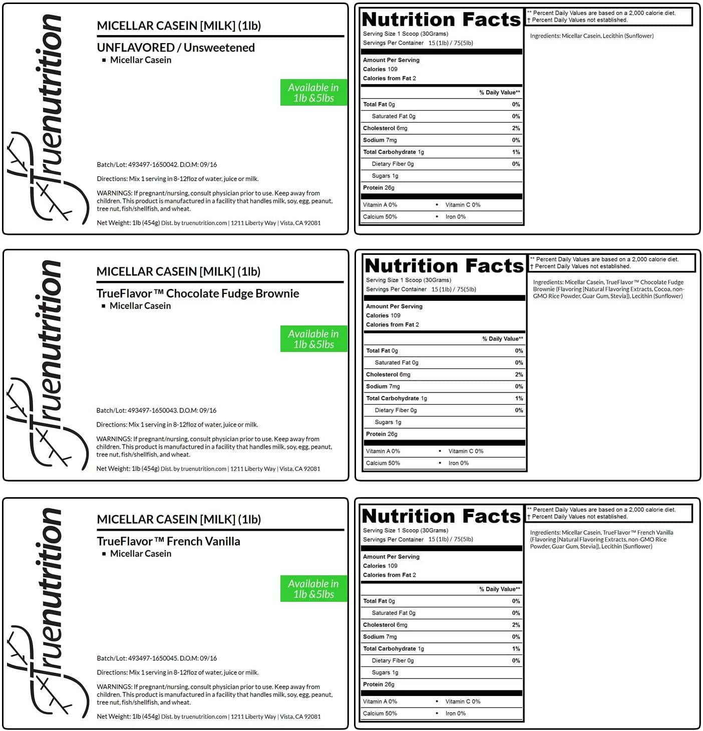 True Nutrition Micellar Casein Protein | 3rd Party Tested | Made in The USA (Unflavored 5 lb.)