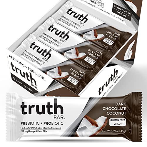 Truth Bar Healthy Snack, Omega 3 from Chia, Plant based, Prebiotics and Probiotics, High fiber, Low sugar, Keto, Kosher, Dark Chocolate, Vegan, Gluten Free, 12 Ct, 45g ea.
