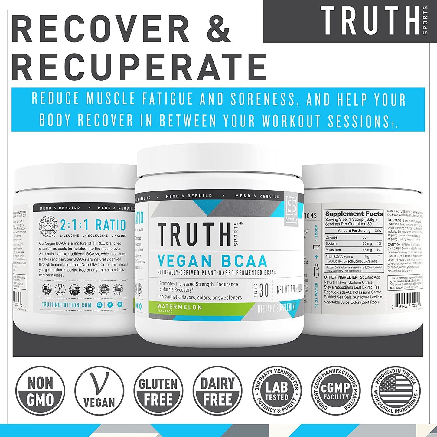 Truth Nutrition Vegan BCAA Powder- 2:1:1 Ratio Natural BCAAS Amino Acids Powder for Energy, Muscle Building, Post Workout Recovery Drink for Muscle Recovery (Watermelon, 30 Servings)