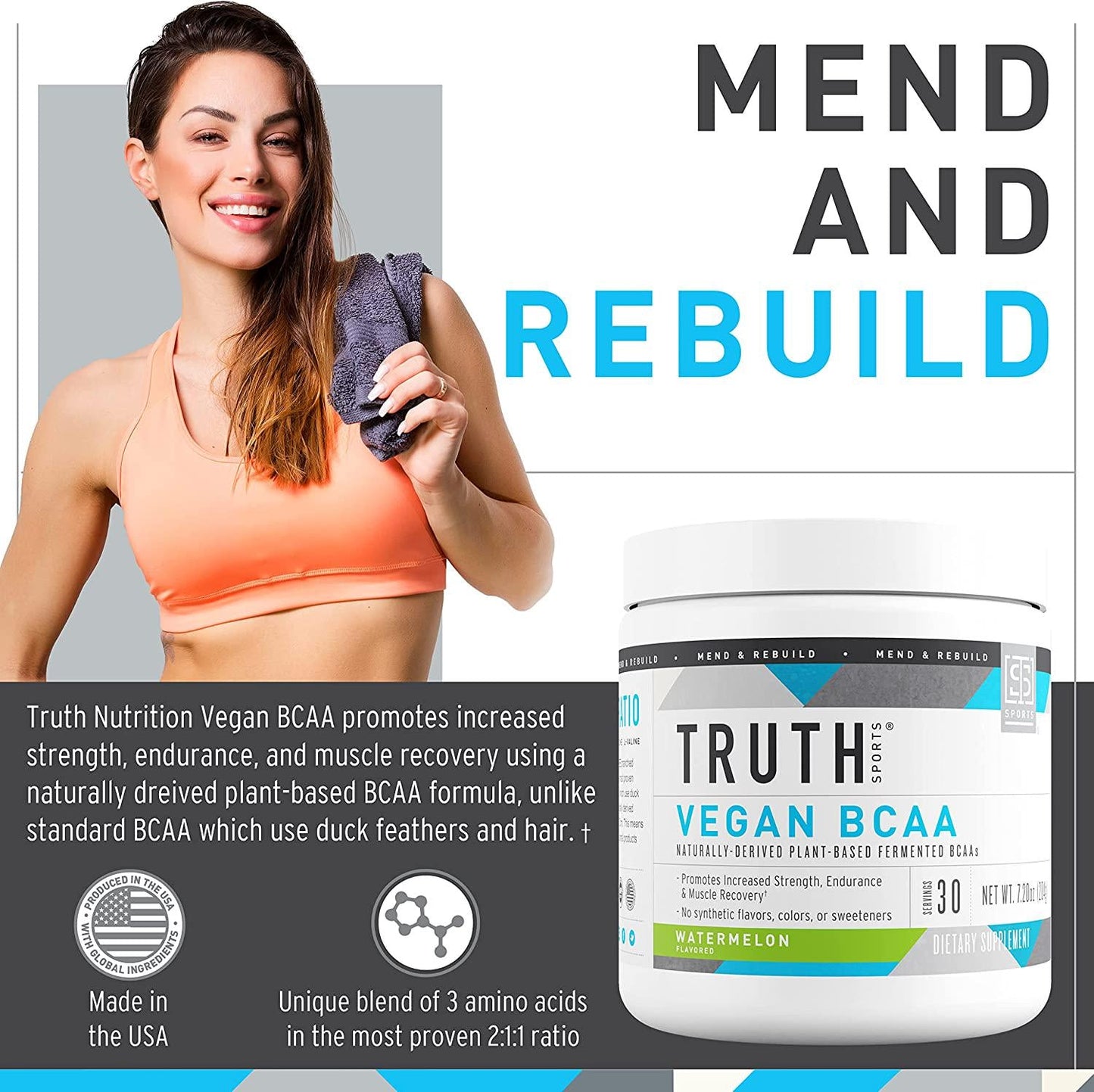 Truth Nutrition Vegan BCAA Powder- 2:1:1 Ratio Natural BCAAS Amino Acids Powder for Energy, Muscle Building, Post Workout Recovery Drink for Muscle Recovery (Watermelon, 30 Servings)