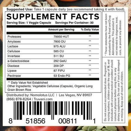 Truvani - Digestive Enzymes - 9 Enzyme Blend - Digestive Support - Reduce Bloating - Increased Nutrient Absorption - 30 Vegan Capsules - Non GMO