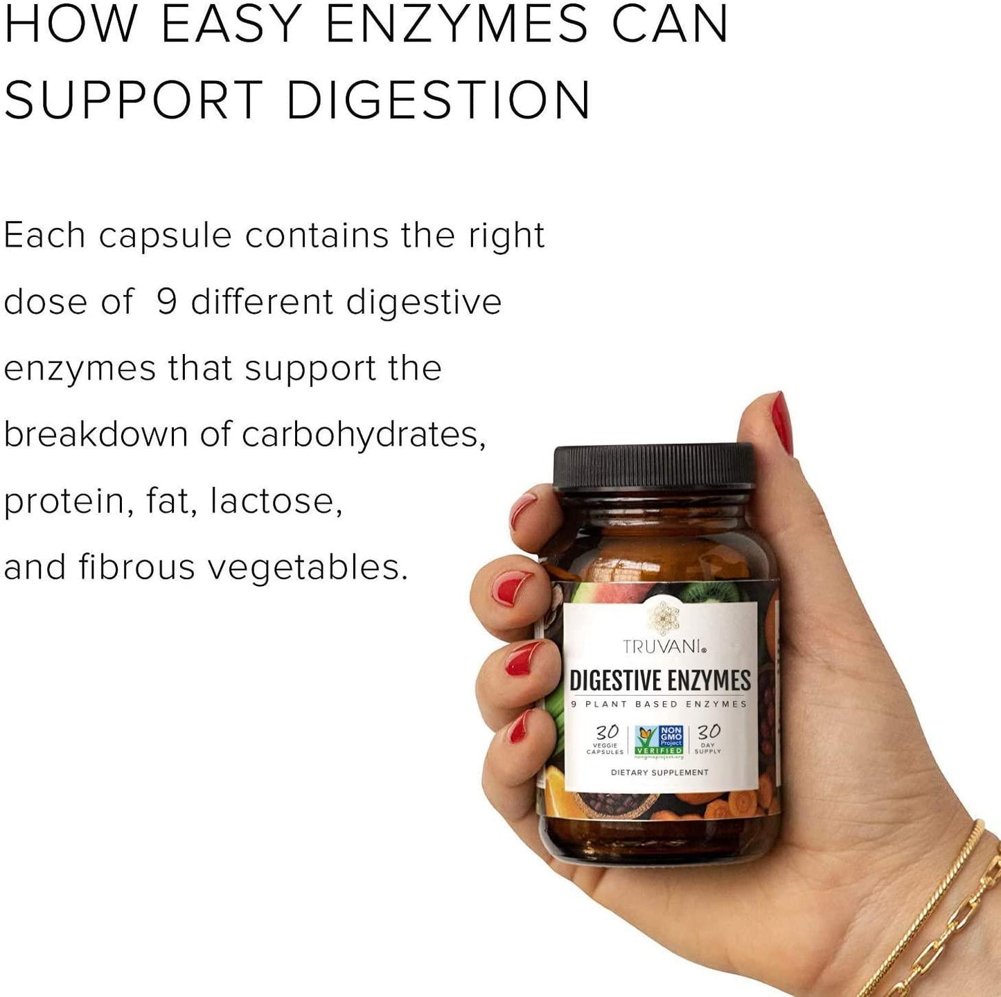 Truvani - Digestive Enzymes - 9 Enzyme Blend - Digestive Support - Reduce Bloating - Increased Nutrient Absorption - 30 Vegan Capsules - Non GMO