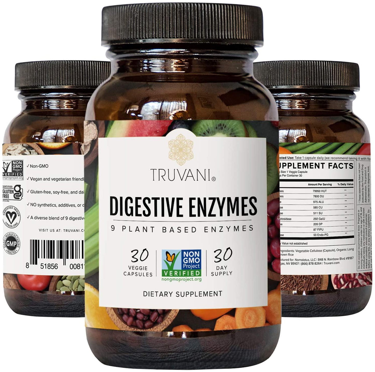 Truvani - Digestive Enzymes - 9 Enzyme Blend - Digestive Support - Reduce Bloating - Increased Nutrient Absorption - 30 Vegan Capsules - Non GMO