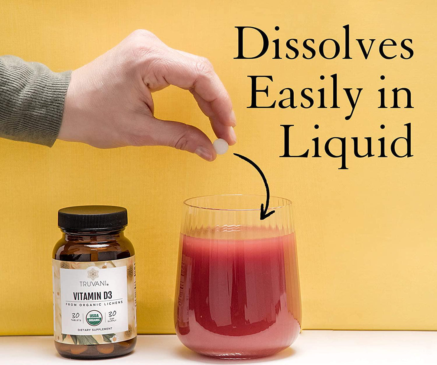 Truvani - Organic Vegan Vitamin D3 Tablets (2,000 IU) - USDA Organic Plant Based Vitamin D3 Supplement - Mood Enhancer and Immune System Support - Non GMO Gluten Free - 30 Tablets - 1 Month Supply