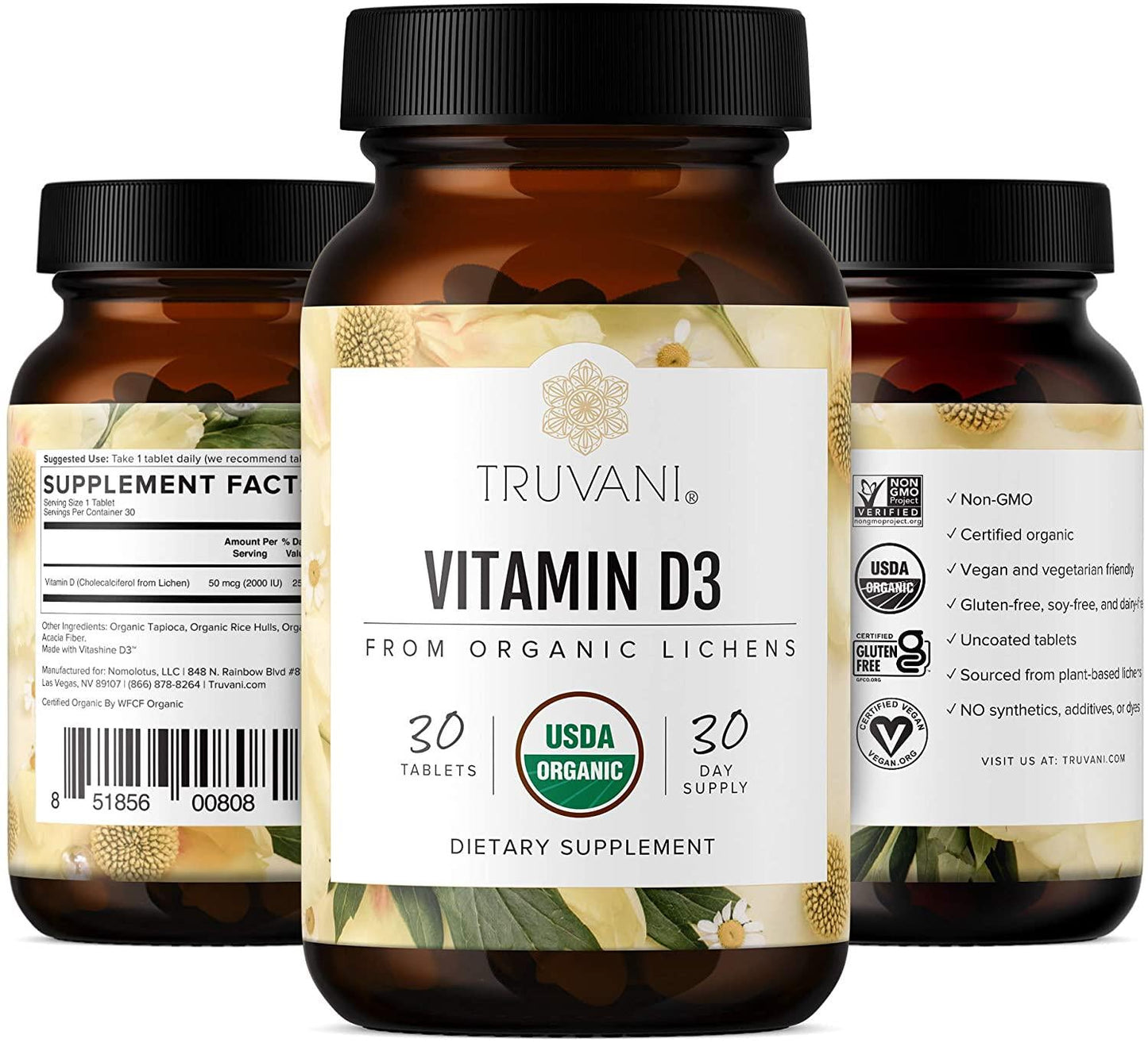 Truvani - Organic Vegan Vitamin D3 Tablets (2,000 IU) - USDA Organic Plant Based Vitamin D3 Supplement - Mood Enhancer and Immune System Support - Non GMO Gluten Free - 30 Tablets - 1 Month Supply
