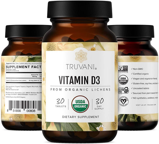 Truvani - Organic Vegan Vitamin D3 Tablets (2,000 IU) - USDA Organic Plant Based Vitamin D3 Supplement - Mood Enhancer and Immune System Support - Non GMO Gluten Free - 30 Tablets - 1 Month Supply
