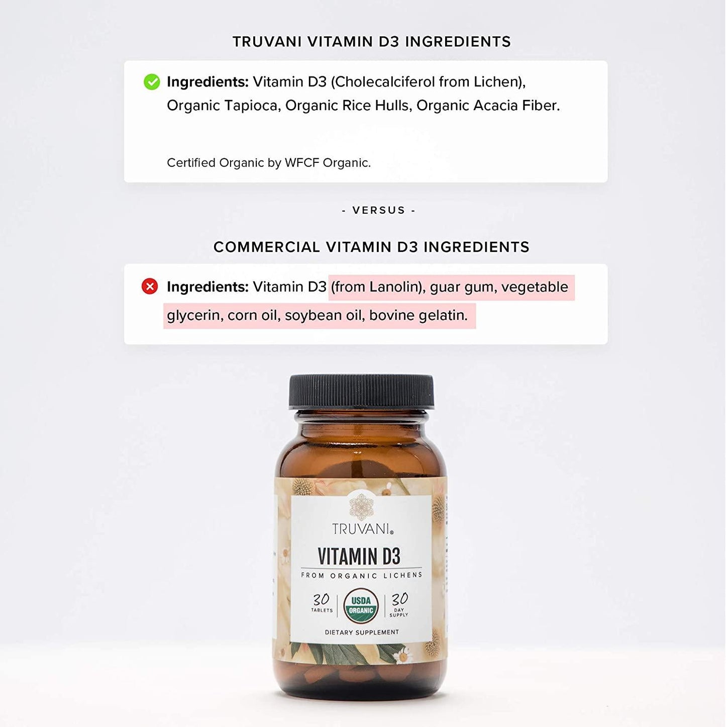 Truvani - Organic Vegan Vitamin D3 Tablets (2,000 IU) - USDA Organic Plant Based Vitamin D3 Supplement - Mood Enhancer and Immune System Support - Non GMO Gluten Free - 30 Tablets - 1 Month Supply
