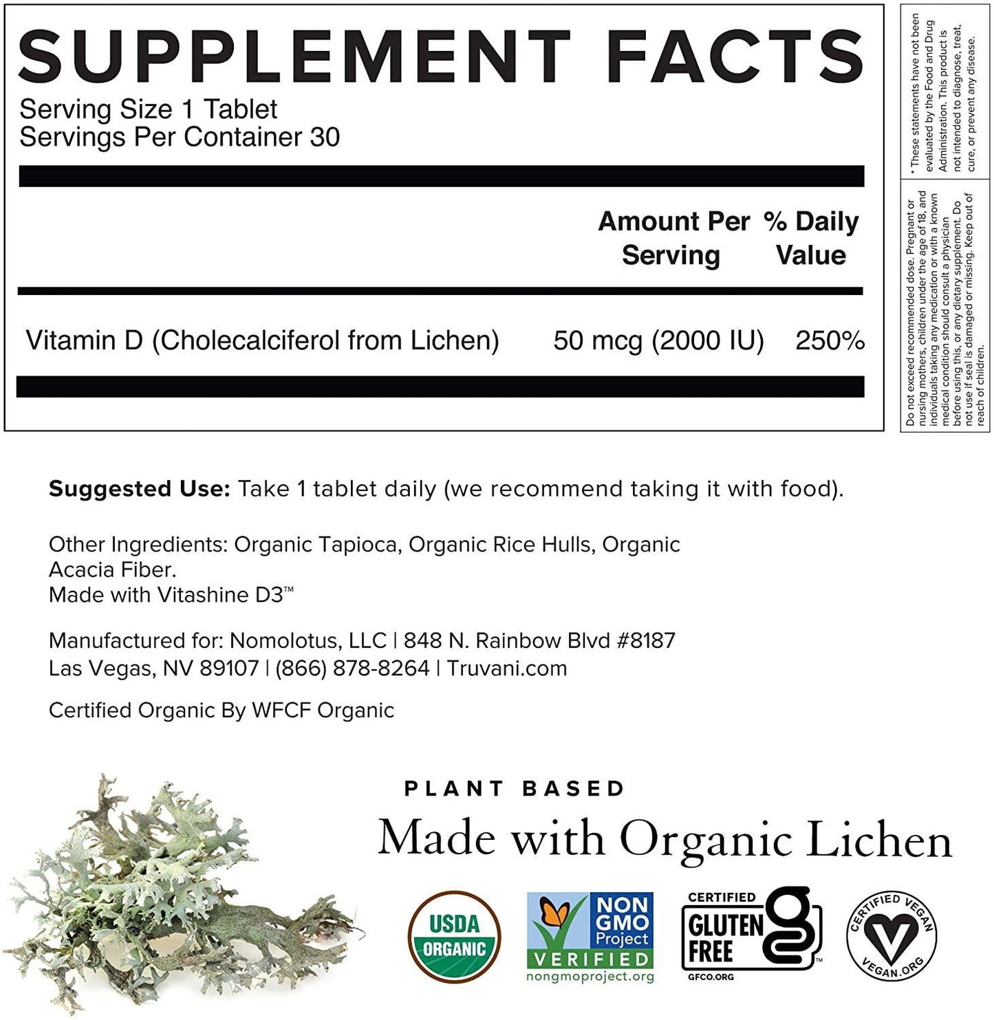 Truvani - Organic Vegan Vitamin D3 Tablets (2,000 IU) - USDA Organic Plant Based Vitamin D3 Supplement - Mood Enhancer and Immune System Support - Non GMO Gluten Free - 30 Tablets - 1 Month Supply