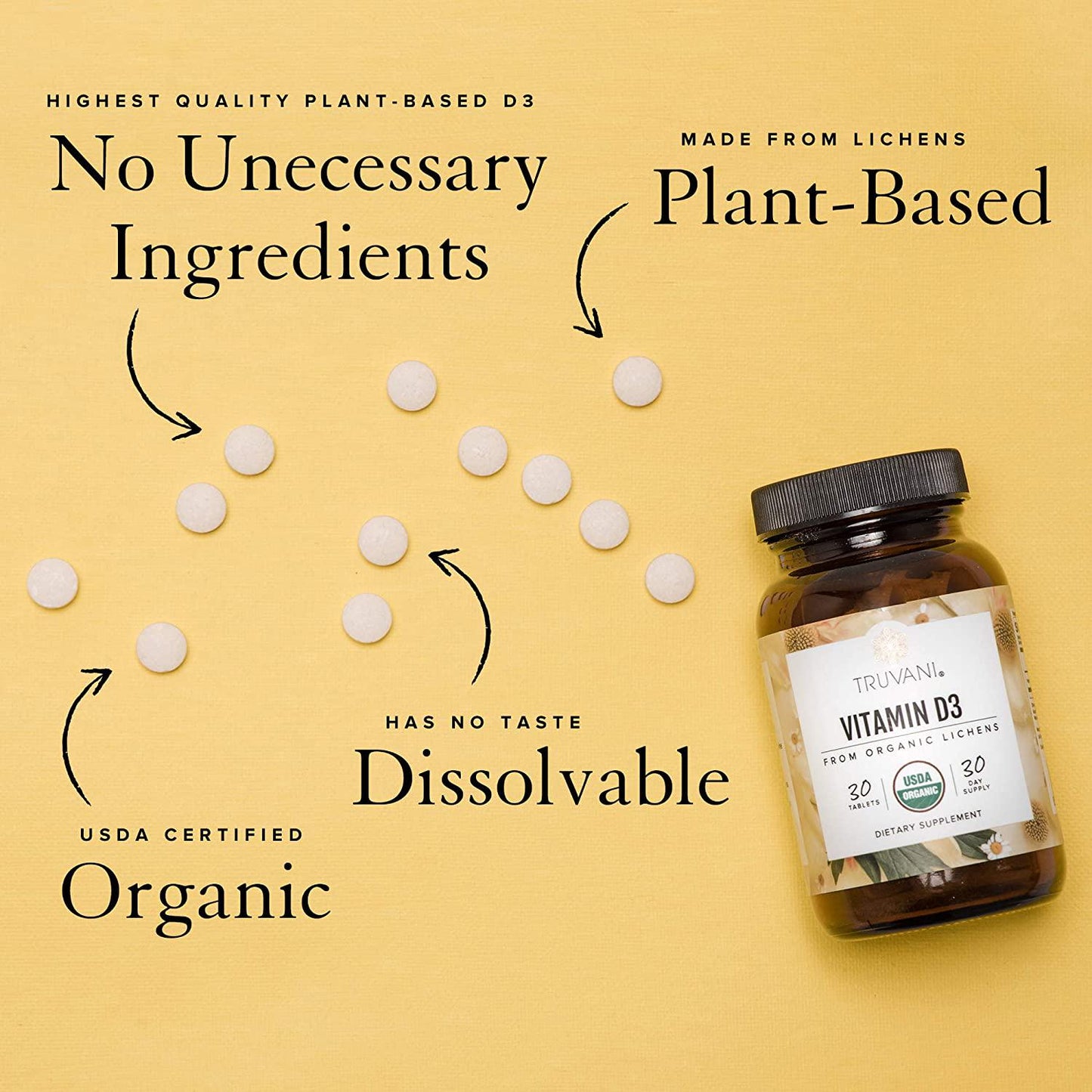 Truvani - Organic Vegan Vitamin D3 Tablets (2,000 IU) - USDA Organic Plant Based Vitamin D3 Supplement - Mood Enhancer and Immune System Support - Non GMO Gluten Free - 30 Tablets - 1 Month Supply