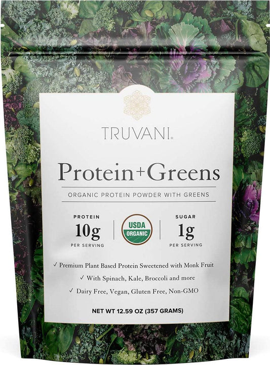 Truvani Protein + Greens | Organic, Non-GMO, Vegan, Gluten Free, Dairy Free | Daily Greens Combined with Protein | Great Taste with a Splash of Sweetness