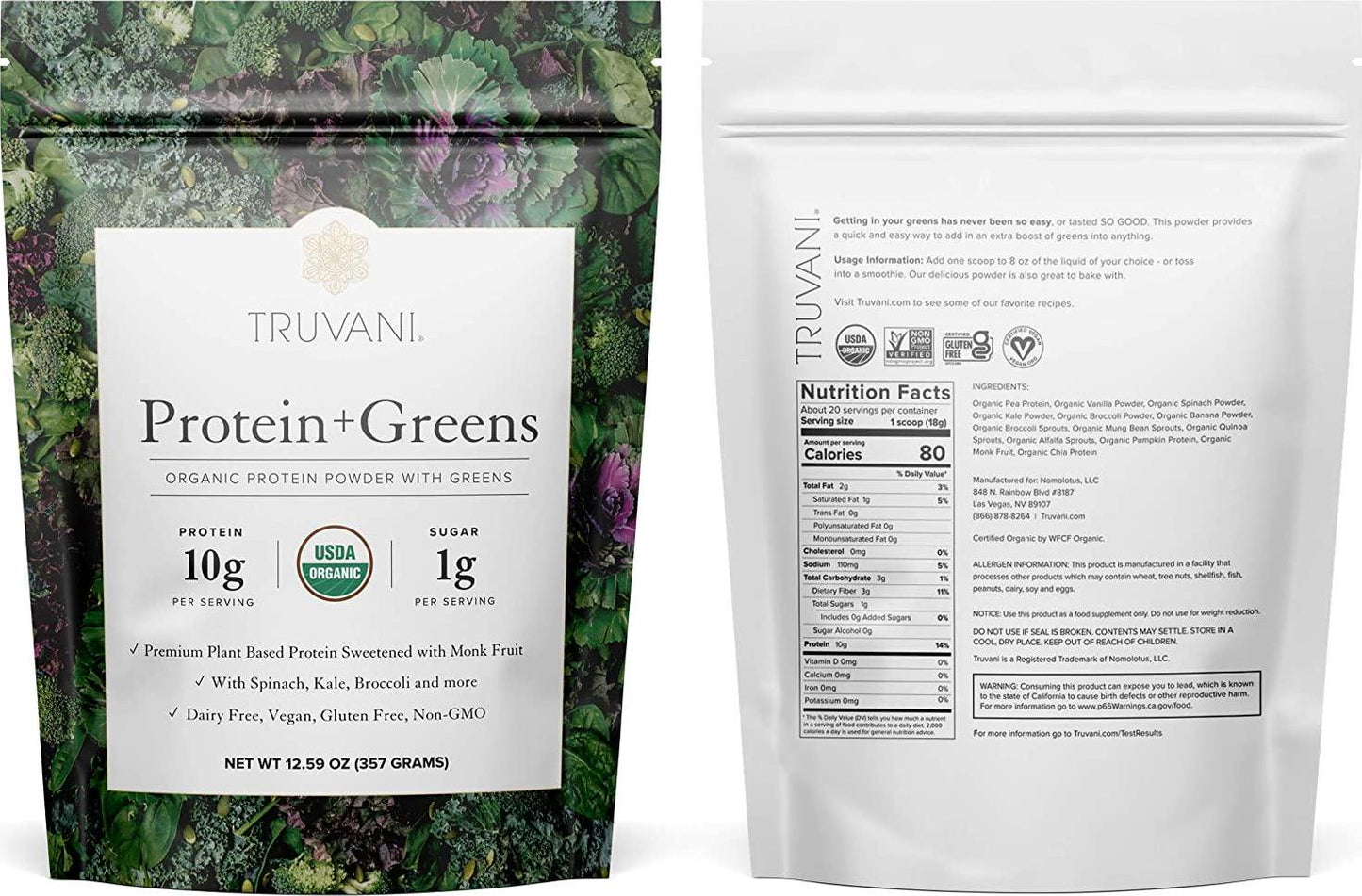 Truvani Protein + Greens | Organic, Non-GMO, Vegan, Gluten Free, Dairy Free | Daily Greens Combined with Protein | Great Taste with a Splash of Sweetness