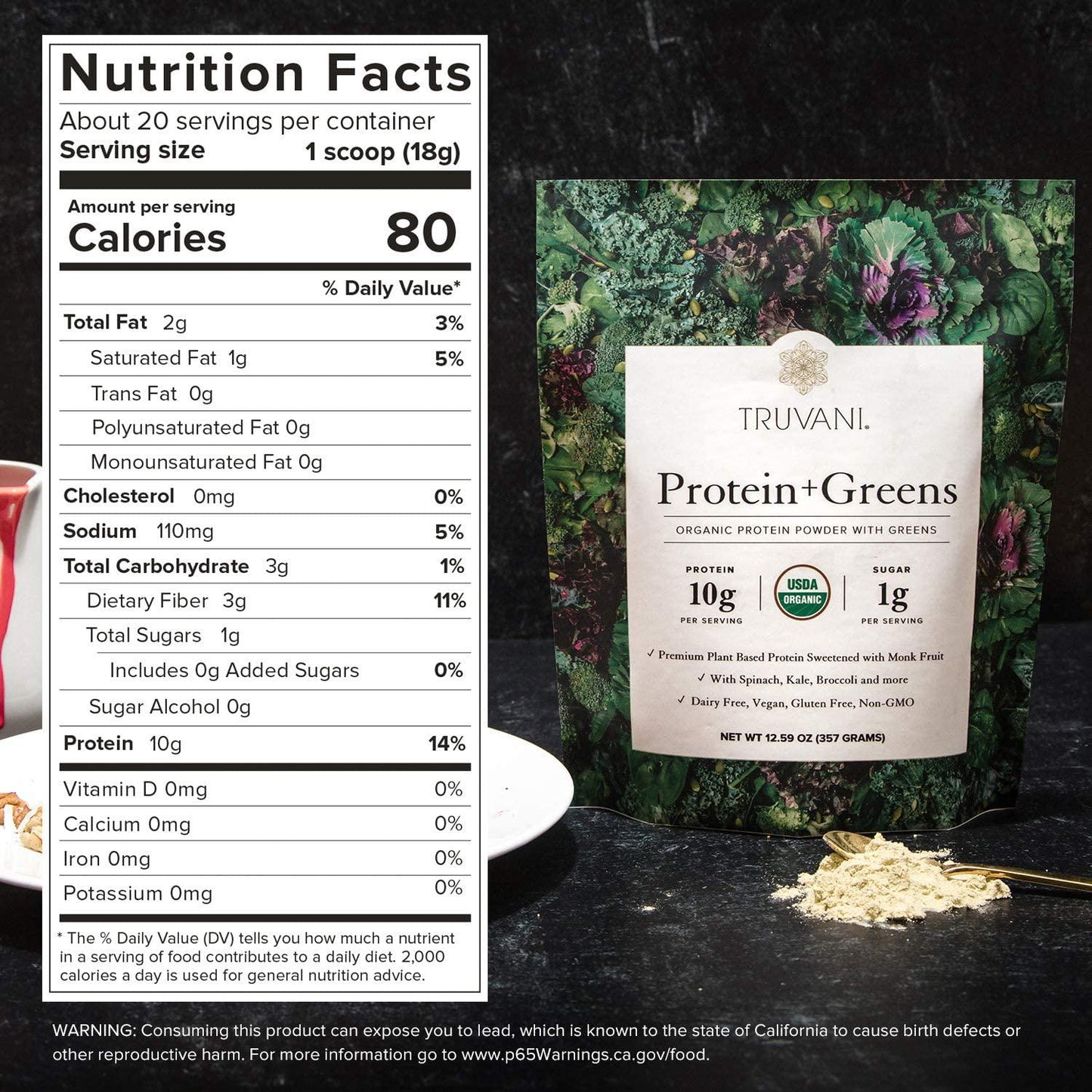 Truvani Protein + Greens | Organic, Non-GMO, Vegan, Gluten Free, Dairy Free | Daily Greens Combined with Protein | Great Taste with a Splash of Sweetness
