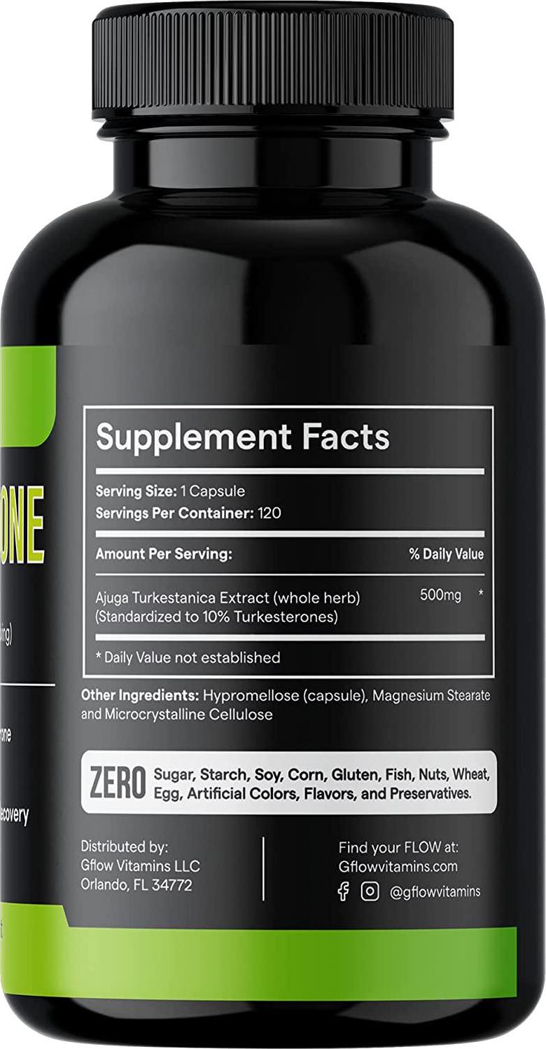 Turkesterone - 500 mg (Ajuga Turkestanica Extract Std. to 10% Turkesterone) Similar to Ecdysterone - Promotes Strength, Endurance, Muscle Growth - Highly Bioavailable and Plant Based - 4 Months Supply