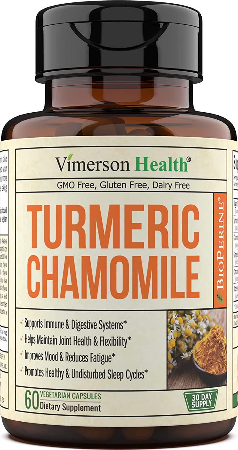 Turmeric Chamomile Sleep Support Supplement with Ginger, Cinnamon and Bioperine. Promotes Healthy Sleep Cycle, Digestive Health and Gut Flora, Natural Mood Balance for Occasional Stress Relief