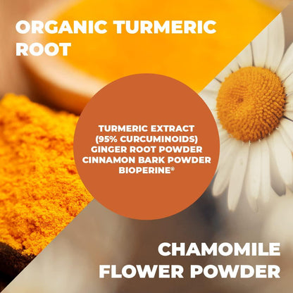 Turmeric Chamomile Sleep Support Supplement with Ginger, Cinnamon and Bioperine. Promotes Healthy Sleep Cycle, Digestive Health and Gut Flora, Natural Mood Balance for Occasional Stress Relief