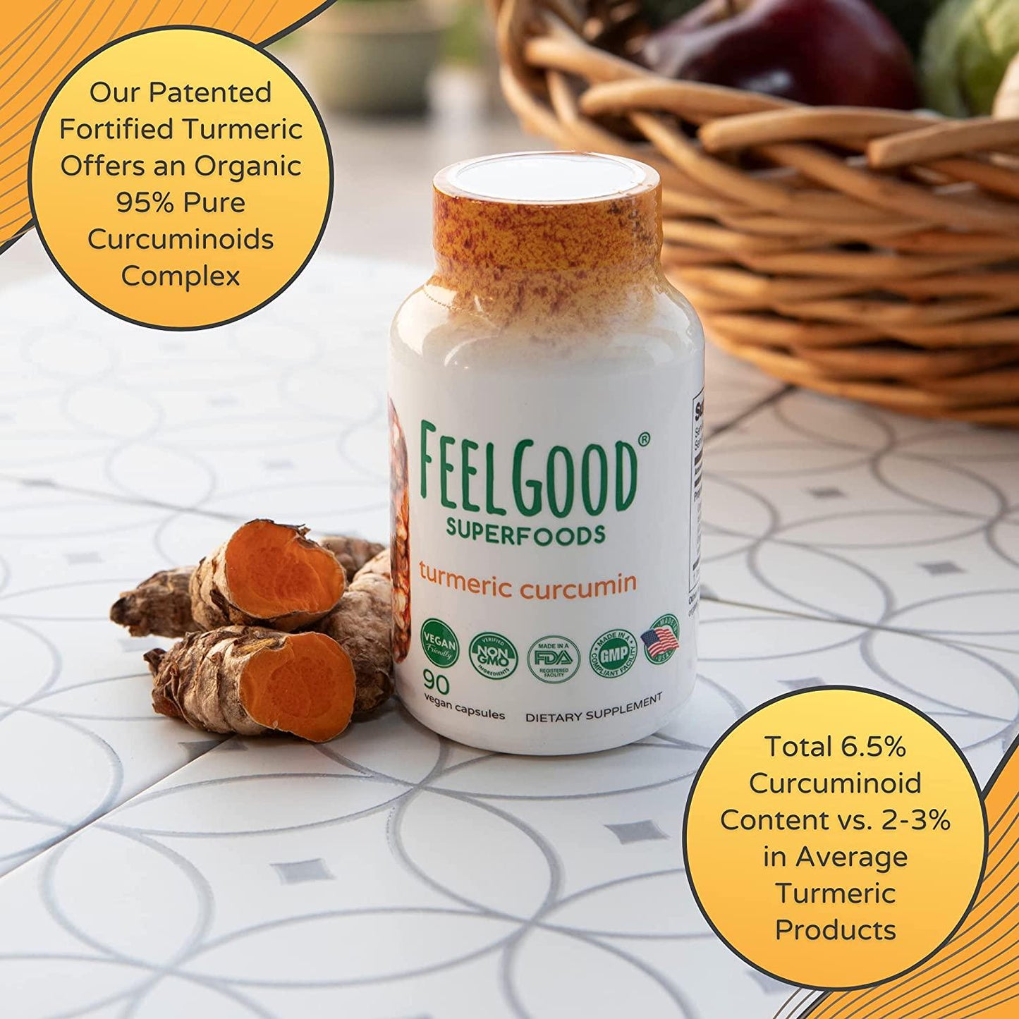 Turmeric Curcumin 1000mg | 90 Capsules | Fortified with Organic Curcuminoids and Organic Black Pepper Extract | Lab Tested for Purity | Anti-inflammatory Supplement | by Feelgood Superfoods