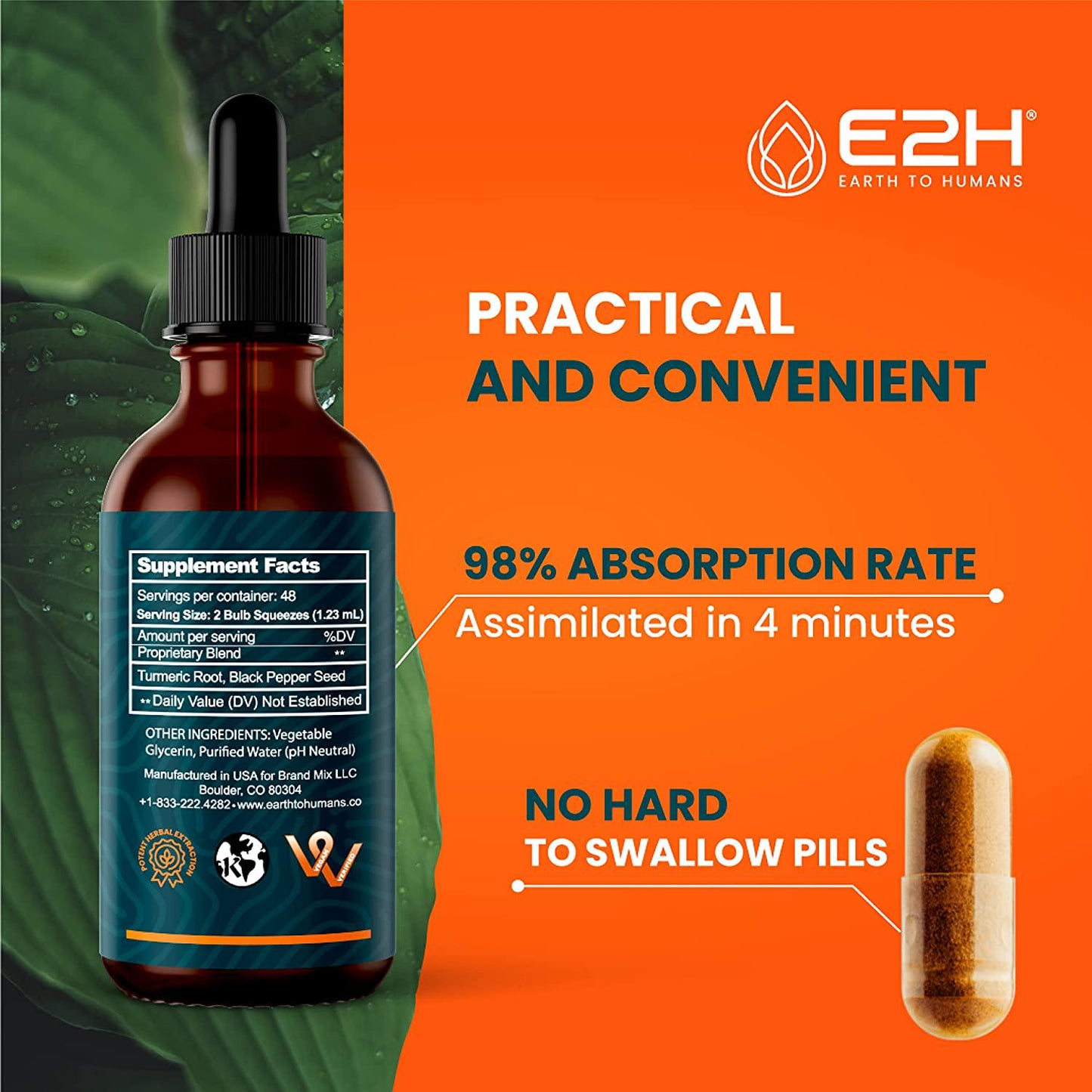 Turmeric Curcumin Drops with Black Pepper - All-Natural Inflammation Support - Boost your Health - Fights Joint Pain - Liquid Turmeric for Better Absorption than Tablet Supplements - 48 Servings