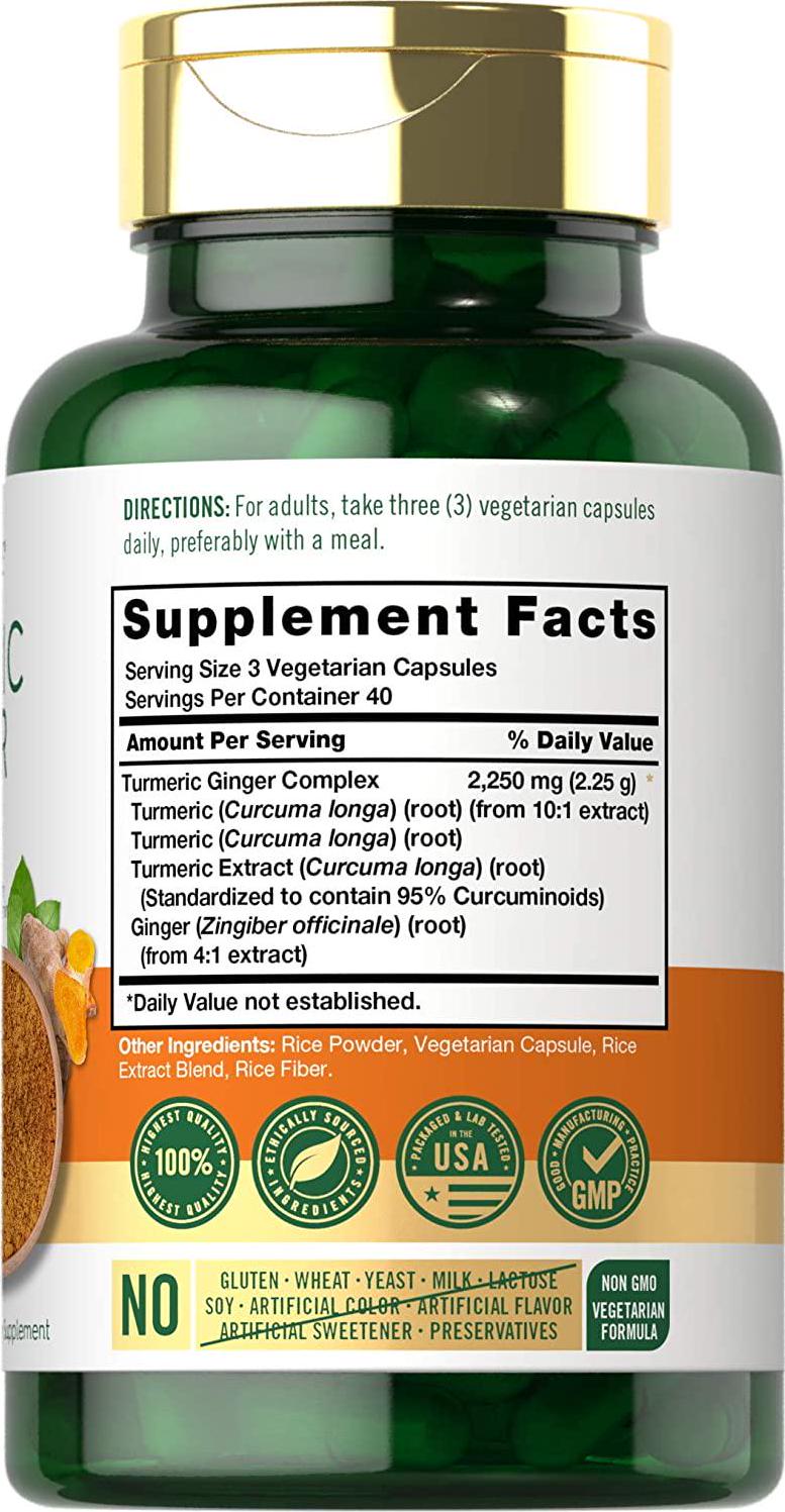 Turmeric Curcumin and Ginger Complex | 2250 mg | 120 Capsules | Vegetarian, Non-GMO, Gluten Free Supplement | by Carlyle