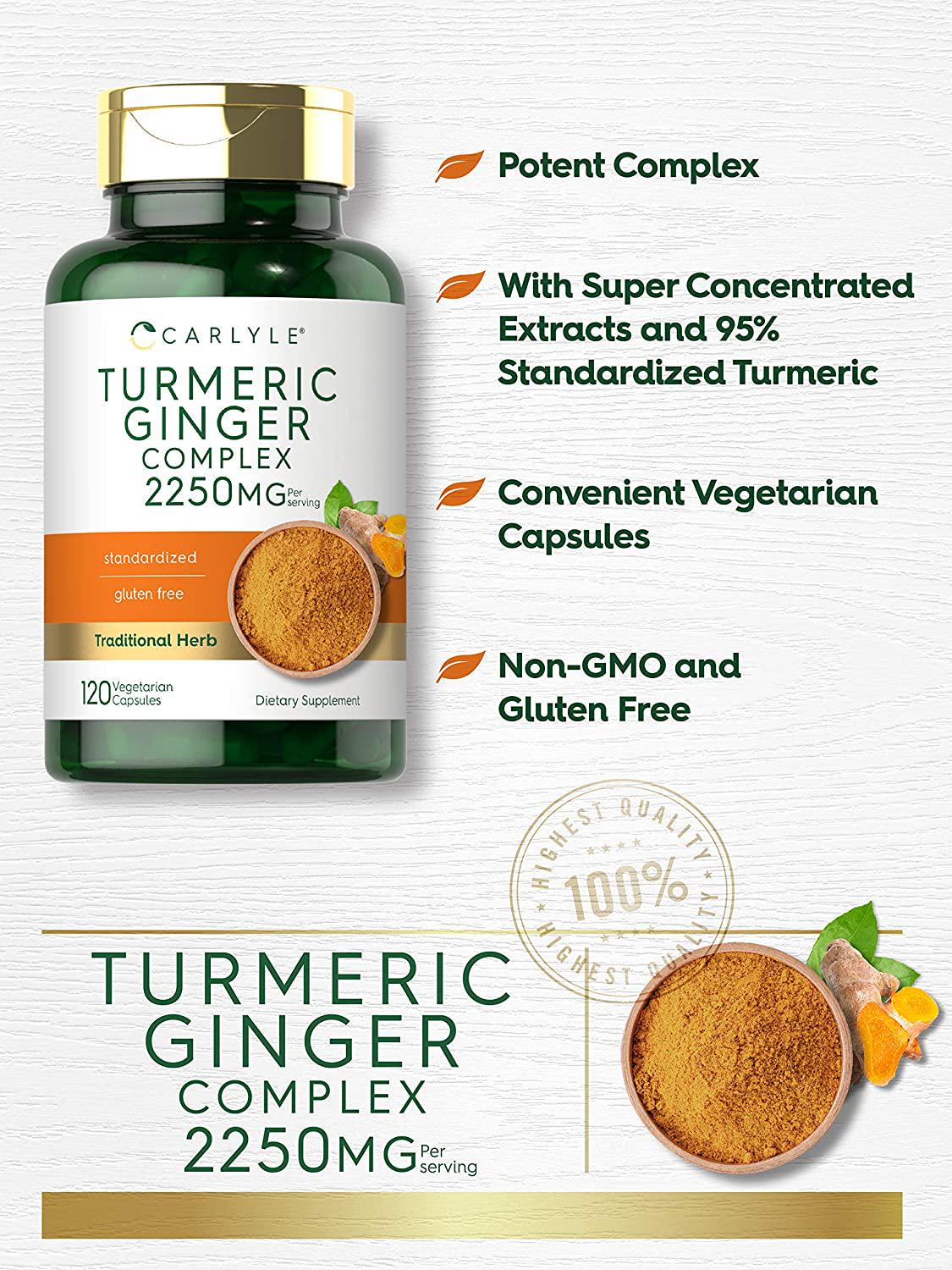 Turmeric Curcumin and Ginger Complex | 2250 mg | 120 Capsules | Vegetarian, Non-GMO, Gluten Free Supplement | by Carlyle