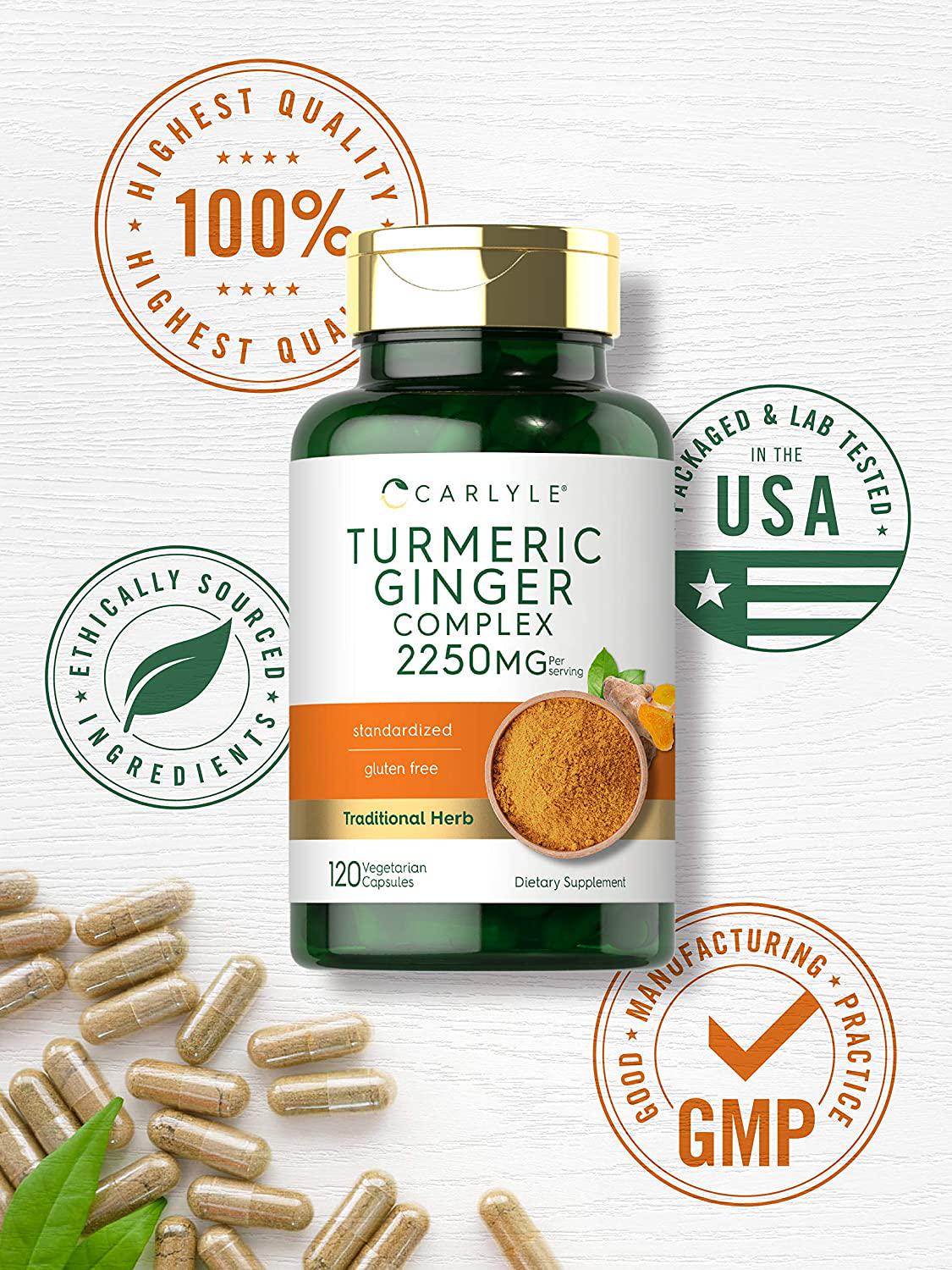 Turmeric Curcumin and Ginger Complex | 2250 mg | 120 Capsules | Vegetarian, Non-GMO, Gluten Free Supplement | by Carlyle