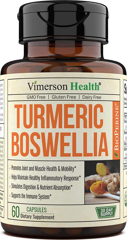 Turmeric Curcumin with BioPerine, Boswellia and Ginger. Advanced Turmeric Combination. Promotes Healthy Cartilage Function. Vegan, Gluten-Free, Non-GMO, Natural. 60 Vegetarian Capsules.