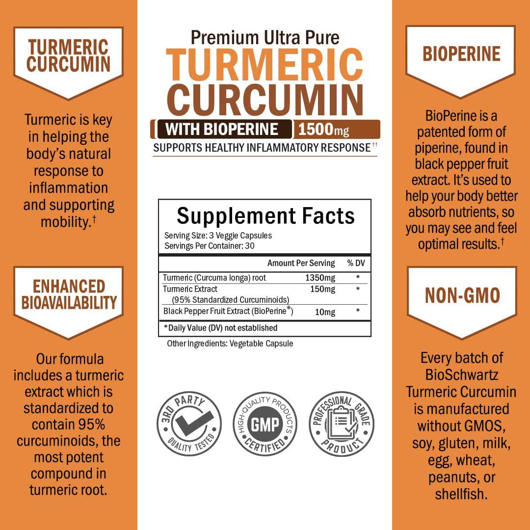 Turmeric Curcumin with BioPerine 1500mg - Natural Joint and Healthy Inflammatory Support with 95% Standardized Curcuminoids for Potency and Absorption - Non-GMO, Gluten Free Capsules with Black Pepper.