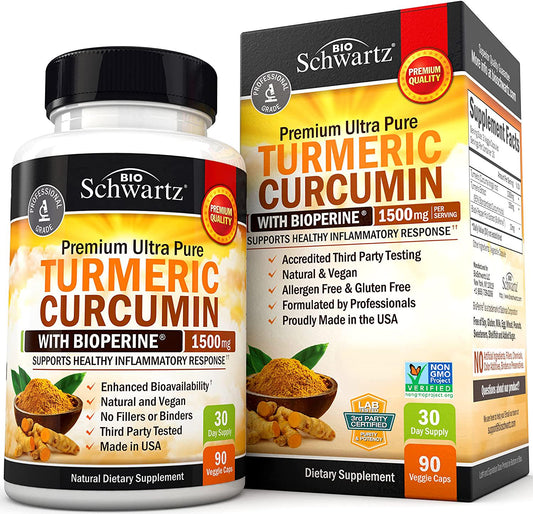 Turmeric Curcumin with BioPerine 1500mg - Natural Joint and Healthy Inflammatory Support with 95% Standardized Curcuminoids for Potency and Absorption - Non-GMO, Gluten Free Capsules with Black Pepper.
