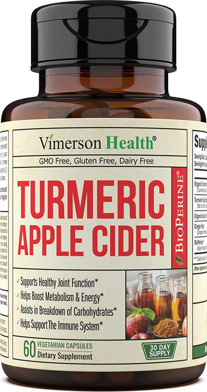 Turmeric and Apple Cider Vinegar Capsules with Ginger and Bioperine. Health Supplement for Joint Support, Boost Metabolism and Aid Digestive Health. 60 Gluten Free, Non-GMO, Vegan Pills