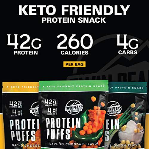 Twin Peaks Low Carb, Keto Friendly Protein Puffs, 3 Bags of Assorted Flavor Puffs + 1 Jug Nacho Cheese Flavor Puffs