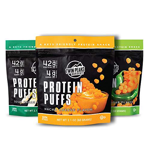 Twin Peaks Low Carb, Keto Friendly Protein Puffs, 3 Bags of Assorted Flavor Puffs + 1 Jug Nacho Cheese Flavor Puffs