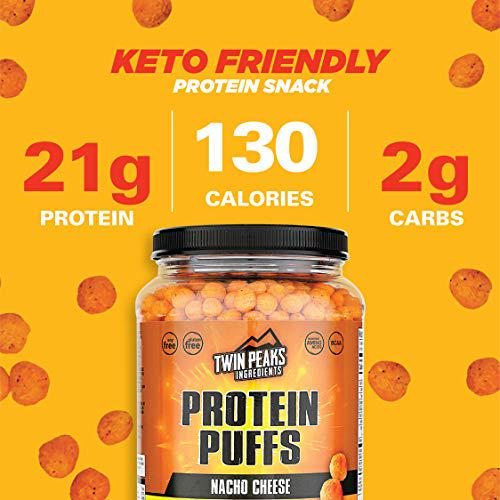 Twin Peaks Low Carb, Keto Friendly Protein Puffs, 3 Bags of Assorted Flavor Puffs + 1 Jug Nacho Cheese Flavor Puffs