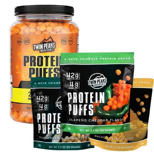 Twin Peaks Low Carb, Keto Friendly Protein Puffs, 3 Bags of Assorted Flavor Puffs + 1 Jug Nacho Cheese Flavor Puffs