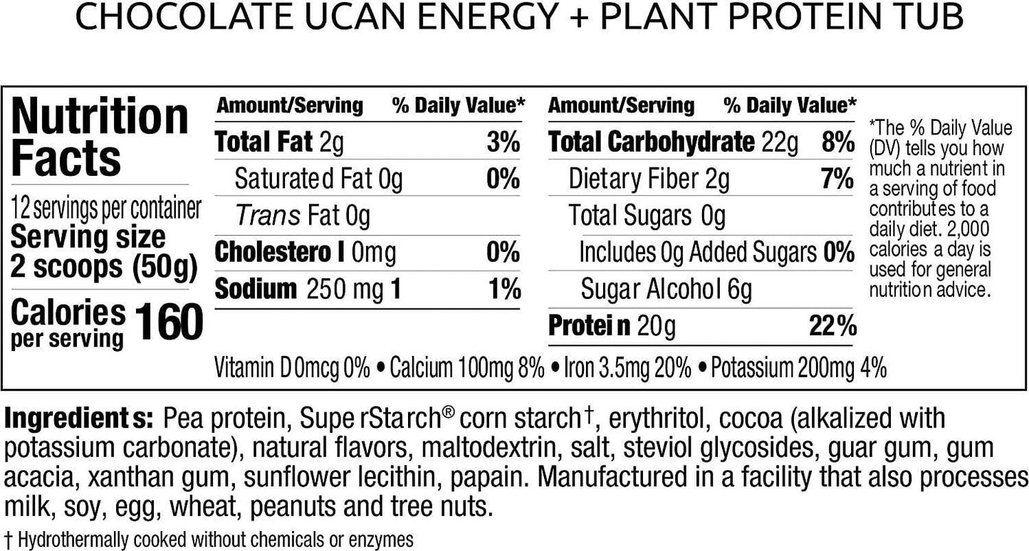 UCAN Energy + Plant Protein Powder - Vegan Plant Based Protein 20g Pea Protein with Energy Boost - Keto Protein Powder - Chocolate Flavor - No Added Sugar, Gluten-Free - 12 Servings