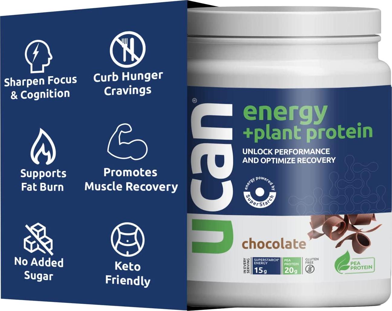 UCAN Energy + Plant Protein Powder - Vegan Plant Based Protein 20g Pea Protein with Energy Boost - Keto Protein Powder - Chocolate Flavor - No Added Sugar, Gluten-Free - 12 Servings