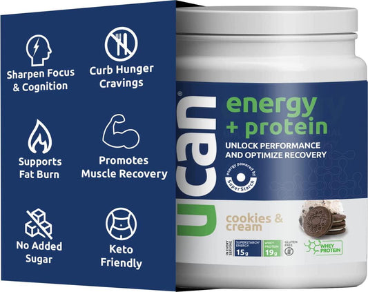 UCAN Energy + Whey Protein Powder - 19g Whey Protein Per Serving with Energy Boost - Keto Protein Powder - No Added Sugar, Gluten-Free - Cookies and Cream - 12 Servings
