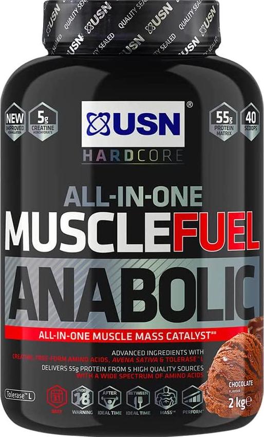 USN Muscle Fuel Anabolic All In One Muscle Builder Protein Shake, with Creatine and Whey Protein Chocolate 2 kg