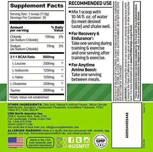 USN Supplements BCAA Amino + Supplement, Green Apple, 11.60 Oz