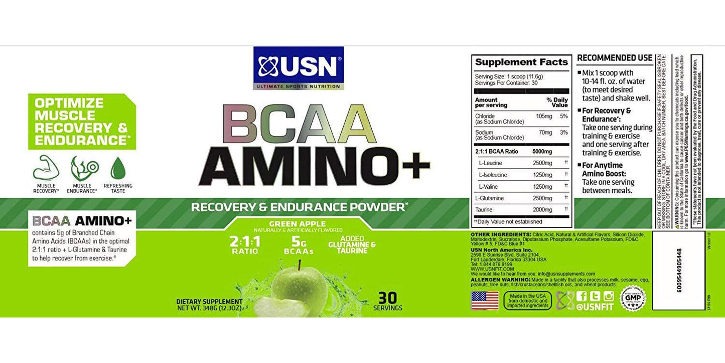 USN Supplements BCAA Amino + Supplement, Green Apple, 11.60 Oz