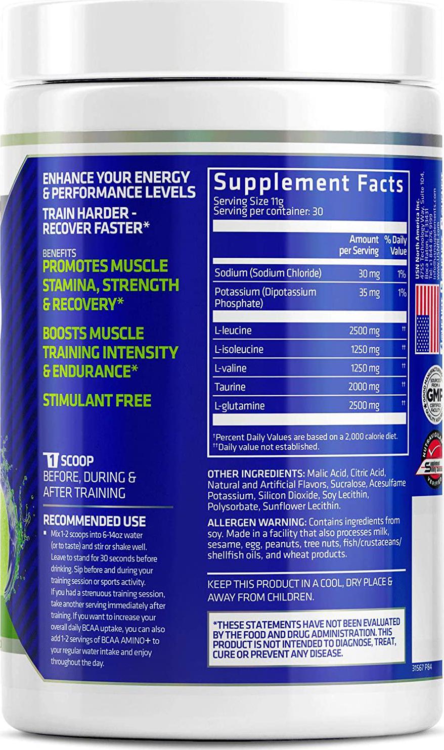 USN Supplements BCAA Amino + Supplement, Green Apple, 11.60 Oz