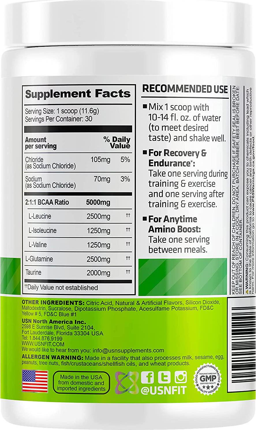 USN Supplements BCAA Amino + Supplement, Green Apple, 11.60 Oz