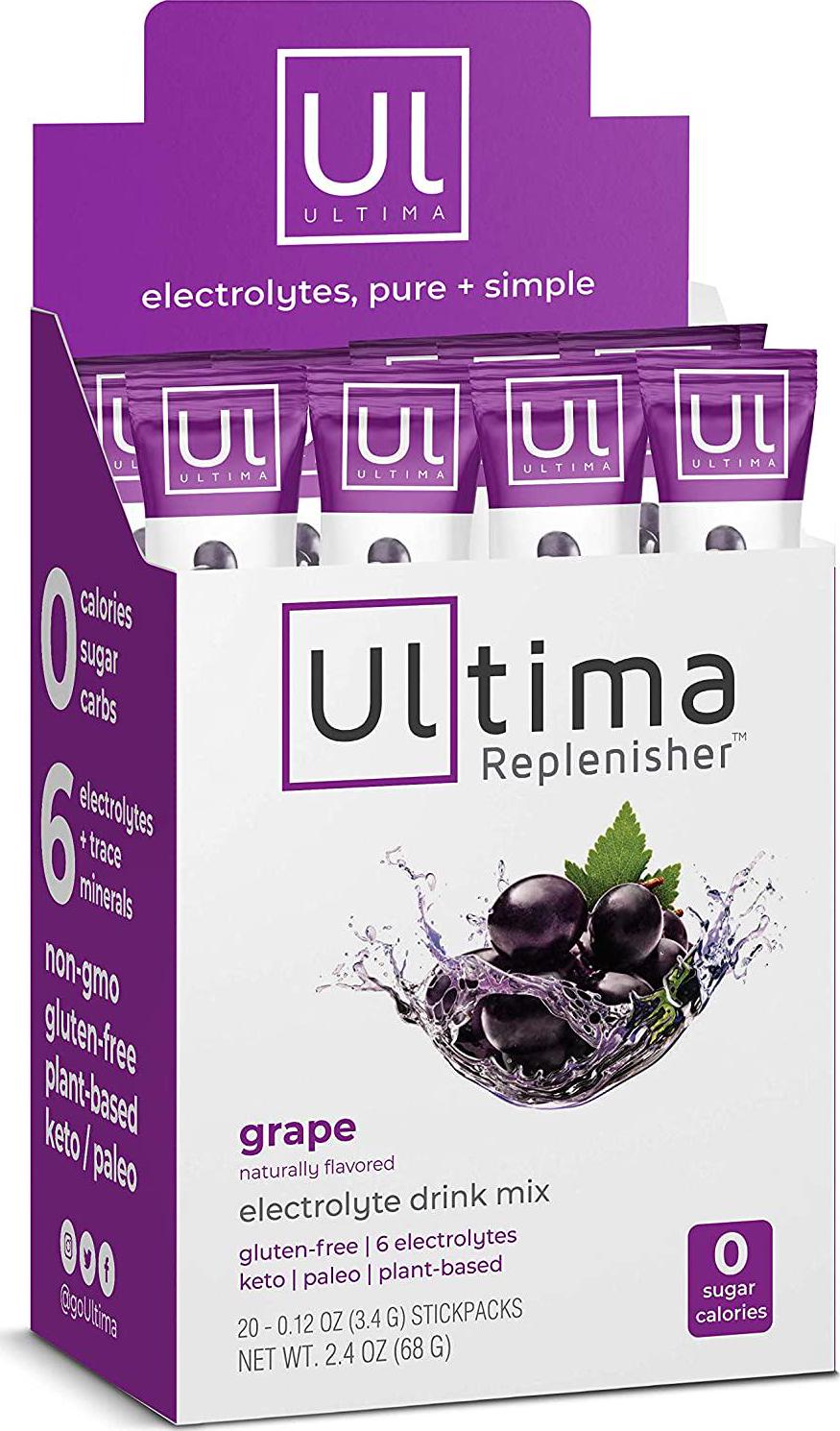 Ultima Replenisher Hydrating Electrolyte Powder, Grape, 20 Count Box, no Sugar, no Carbs, no Calories, Keto, Gluten-Free, Non-GMO, Vegan