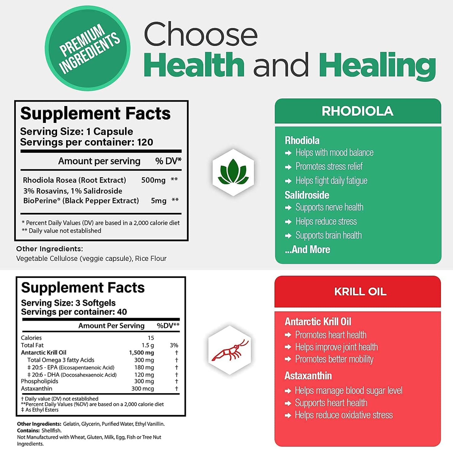 Ultimate Heart and Mental Health Bundle - Rhodiola And Krill Oil, 120 Pills With Omega 3 Rich Antarctic Astaxanthin, Natural Nootropics, Mood Adaptogen, Antioxidant Stress Relief, Memory, Energy Booster