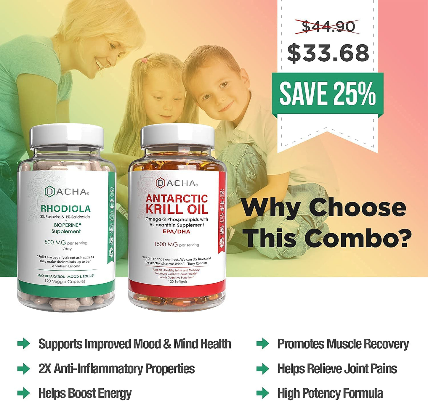 Ultimate Heart and Mental Health Bundle - Rhodiola And Krill Oil, 120 Pills With Omega 3 Rich Antarctic Astaxanthin, Natural Nootropics, Mood Adaptogen, Antioxidant Stress Relief, Memory, Energy Booster