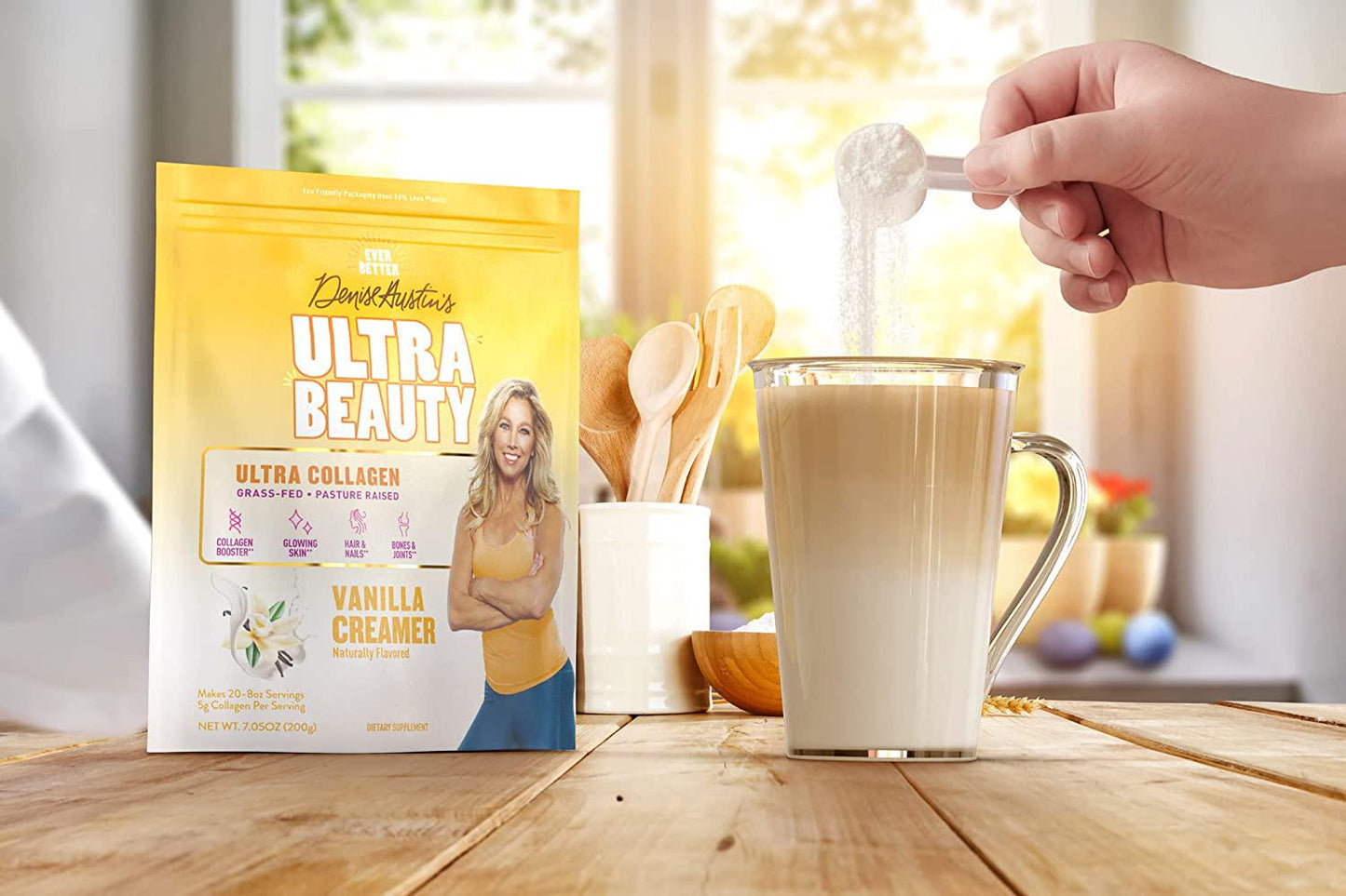 Ultra-Beauty Collagen Creamer by Denise Austin's, Vanilla Flavor (7.4 oz Bag - 20 Servings) Grass Fed Peptides and Essential Vitamins for Skin Hair Nail Joint Health