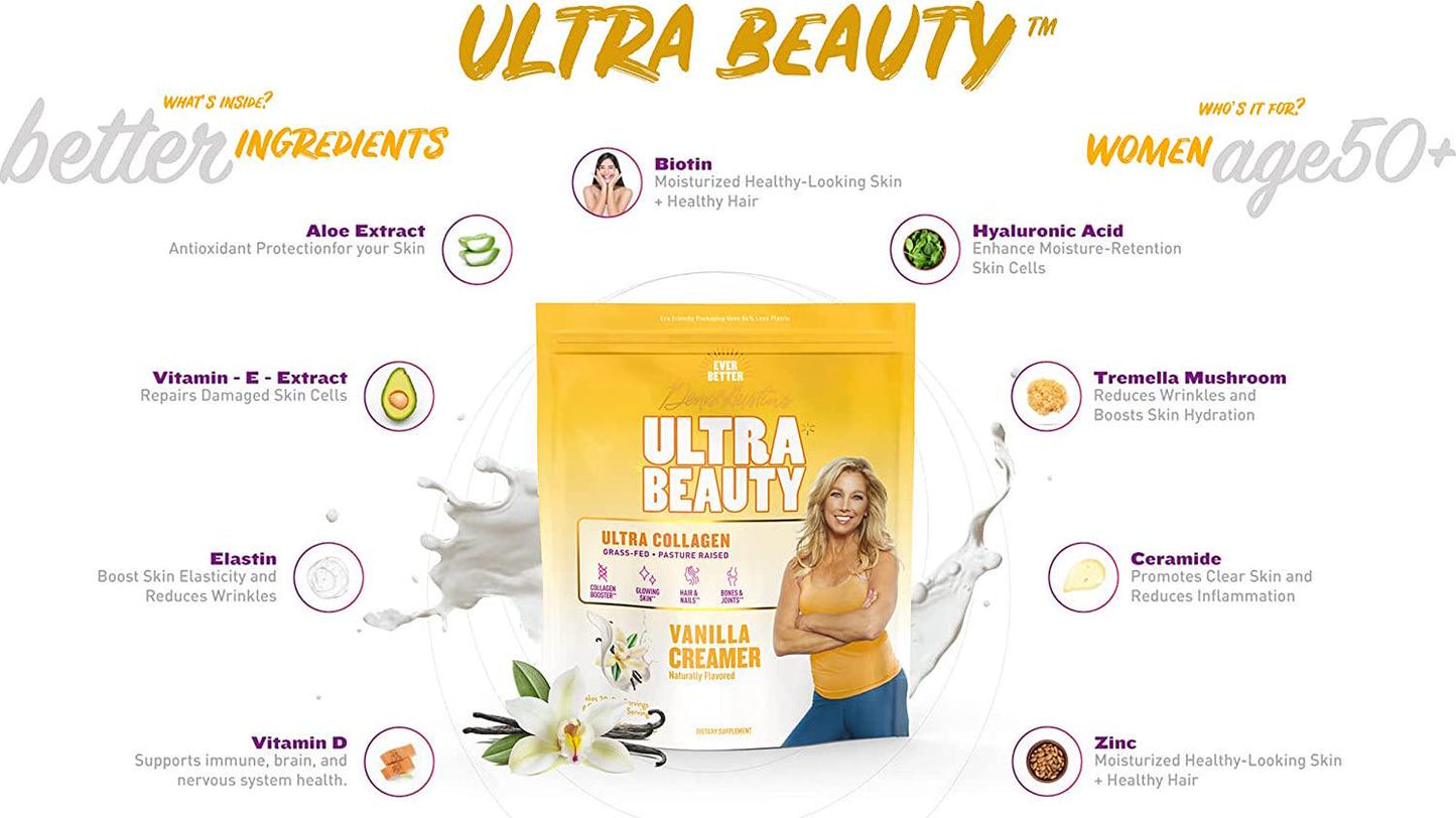 Ultra-Beauty Collagen Creamer by Denise Austin's, Vanilla Flavor (7.4 oz Bag - 20 Servings) Grass Fed Peptides and Essential Vitamins for Skin Hair Nail Joint Health