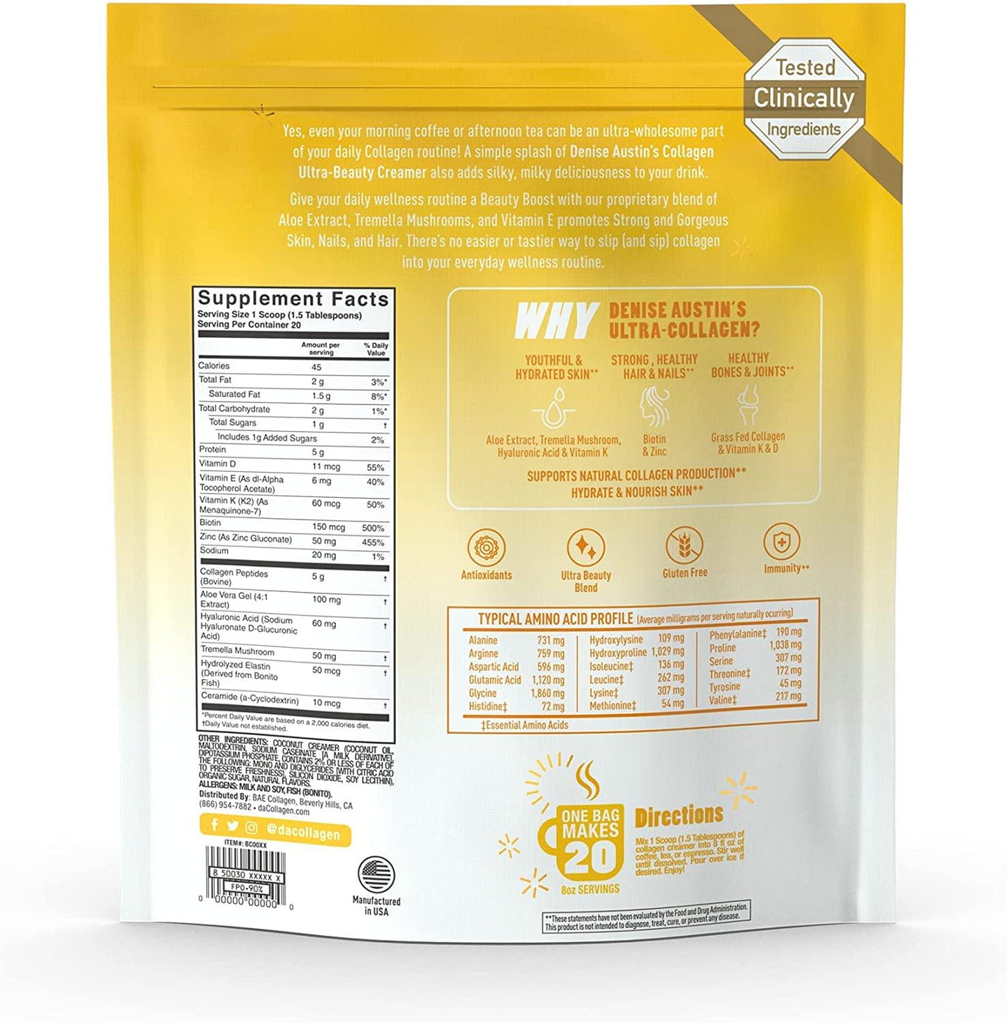 Ultra-Beauty Collagen Creamer by Denise Austin's, Vanilla Flavor (7.4 oz Bag - 20 Servings) Grass Fed Peptides and Essential Vitamins for Skin Hair Nail Joint Health