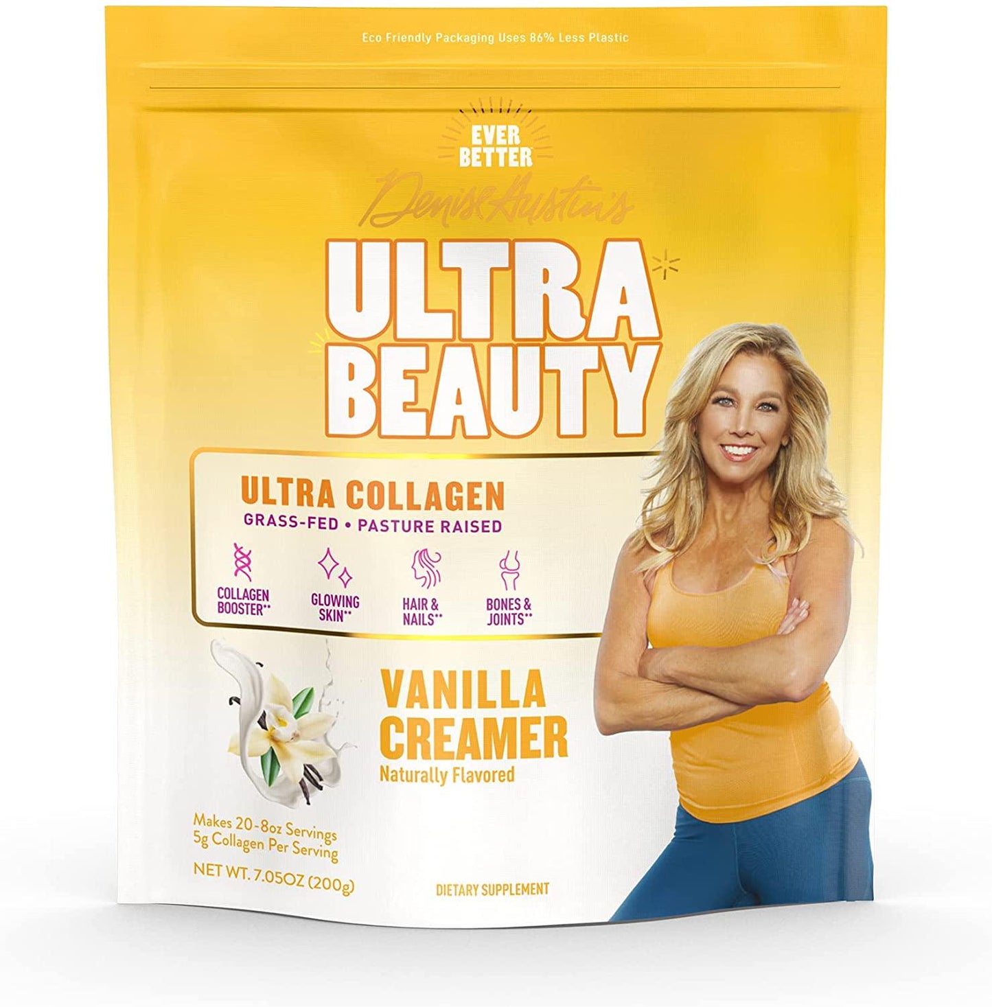 Ultra-Beauty Collagen Creamer by Denise Austin's, Vanilla Flavor (7.4 oz Bag - 20 Servings) Grass Fed Peptides and Essential Vitamins for Skin Hair Nail Joint Health