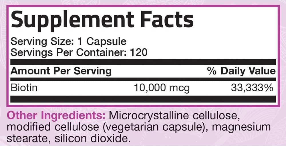 Ultra Biotin 10,000 Mcg Hair Skin and Nails Supplement, Non-GMO, 120 Vegetarian Capsules